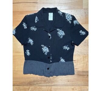 Vintage Button Front Top Womens Sz 6 Black Floral Grid Mixed Print Short Sleeve